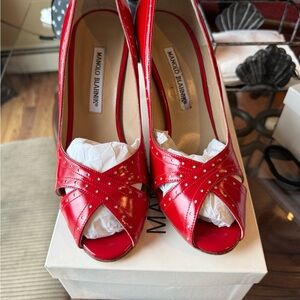 Manolo Blahnik Red Patent Leather Crisscross Peep-Toe Pumps
